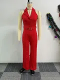 Women Halter Neck Backless V-neck button wide-leg jumpsuit