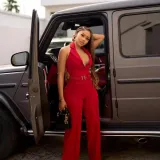 Women Halter Neck Backless V-neck button wide-leg jumpsuit