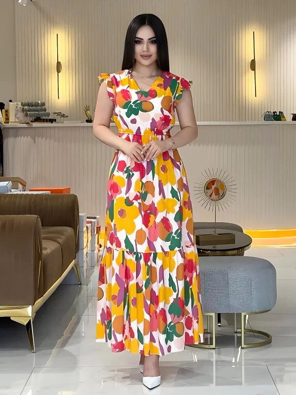 Women V-neck Printed Patchwork Dress