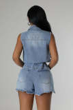 Women Stretch Short Sleeve Loose Washed Denim Jumpsuit