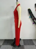 Women Halter Neck Backless V-neck button wide-leg jumpsuit