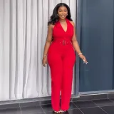 Women Halter Neck Backless V-neck button wide-leg jumpsuit