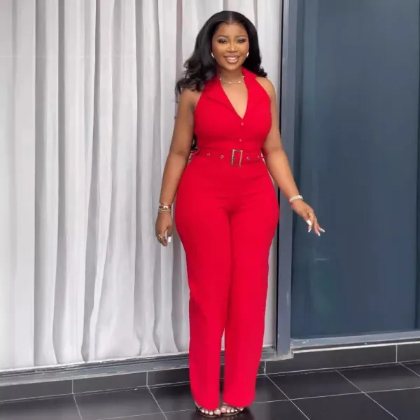Women Halter Neck Backless V-neck button wide-leg jumpsuit