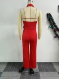 Women Halter Neck Backless V-neck button wide-leg jumpsuit