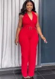 Women Halter Neck Backless V-neck button wide-leg jumpsuit