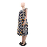 Women Round Neck Daisy Print Floral Dress