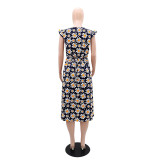Women Round Neck Daisy Print Floral Dress