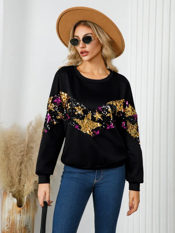 Women Casual Star Sequins Decorated Round Neck long sleeve top