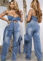 Women's Sexy Strap Denim Bow Top Straight Trousers Two-Piece Set