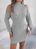 Autumn Winter Casual Cutout-Shoulder High Neck Twisted Long Sleeve Bodycon Sweater Dress Women's Clothing