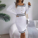 Autumn Winter Elegant Square Collar Button Long-Sleeved Sweater Bodycon Dress Women's Clothing