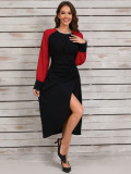 Retro Contrast Color Irregular Slim Waist Long-Sleeved Dress