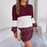 Autumn Winter Casual Color Matching Twisted Lantern Sleeve Sweater Dress Women's Clothing