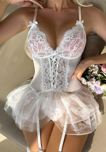 Sexy See-Through Lacemesh Lace-Up Garter Nightdress Lingerie Set