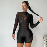 Women's Fall Sexy Mesh Patchwork Tight Fitting Long Sleeve Jumpsuit