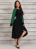 Retro Contrast Color Irregular Slim Waist Long-Sleeved Dress
