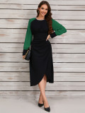 Retro Contrast Color Irregular Slim Waist Long-Sleeved Dress