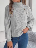 Autumn Winter Casual Solid Color Button Twisted High-Necked Long Sleeve Pullover Sweater Women's Clothing