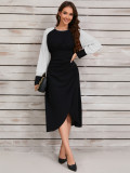 Retro Contrast Color Irregular Slim Waist Long-Sleeved Dress