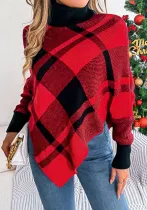 Autumn Winter Casual Contrast Plaid High-Neck Long-Sleeved Sweater Christmas Women's Clothing