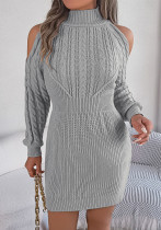 Autumn Winter Casual Cutout-Shoulder High Neck Twisted Long Sleeve Bodycon Sweater Dress Women's Clothing