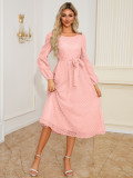 Autumn Winter Women's Elegant Slim Waist Round Neck Long Sleeve Midi Dress