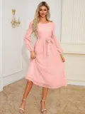 Autumn Winter Women's Elegant Slim Waist Round Neck Long Sleeve Midi Dress