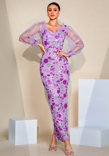 Long Sleeve V Neck Sexy Hollow Sequin Formal Party Evening Dress Bridesmaid Dress