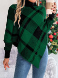 Autumn Winter Casual Contrast Plaid High-Neck Long-Sleeved Sweater Christmas Women's Clothing