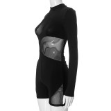 Women's Fall Sexy Mesh Patchwork Tight Fitting Long Sleeve Jumpsuit