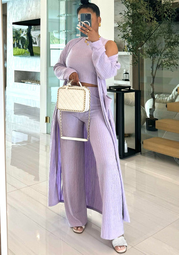 Autumn Winter Women's Long-Sleeved Coat Round Neck Vest Elastic Waist Wide-Leg Trousers Three-Piece Set