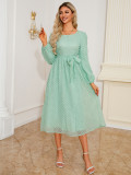 Autumn Winter Women's Elegant Slim Waist Round Neck Long Sleeve Midi Dress