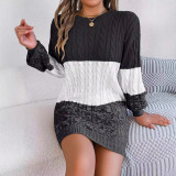 Autumn Winter Casual Color Matching Twisted Lantern Sleeve Sweater Dress Women's Clothing