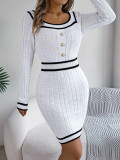 Autumn Winter Elegant Square Collar Button Long-Sleeved Sweater Bodycon Dress Women's Clothing