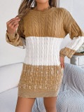 Autumn Winter Casual Color Matching Twisted Lantern Sleeve Sweater Dress Women's Clothing