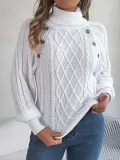 Autumn Winter Casual Solid Color Button Twisted High-Necked Long Sleeve Pullover Sweater Women's Clothing