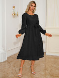 Autumn Winter Women's Elegant Slim Waist Round Neck Long Sleeve Midi Dress