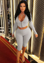 Women's Autumn Fashion Zipper Top Slim Casual Shorts Two Piece Set