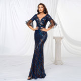 Short Sleeve V Neck Sequin Formal Party Fishtail Evening Dress Bridesmaid Dress
