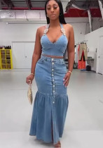 Micro-Elastic Strap Low-Cut Denim Vest Button Long Skirt Two Piece Set(Micro-Elastic)