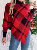 Autumn Winter Casual Contrast Plaid High-Neck Long-Sleeved Sweater Christmas Women's Clothing