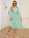 Autumn Winter Women's Elegant Slim Waist Round Neck Long Sleeve Midi Dress