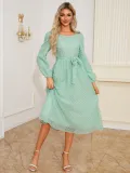 Autumn Winter Women's Elegant Slim Waist Round Neck Long Sleeve Midi Dress