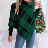 Autumn Winter Casual Contrast Plaid High-Neck Long-Sleeved Sweater Christmas Women's Clothing