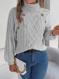 Autumn Winter Casual Solid Color Button Twisted High-Necked Long Sleeve Pullover Sweater Women's Clothing