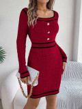 Autumn Winter Elegant Square Collar Button Long-Sleeved Sweater Bodycon Dress Women's Clothing