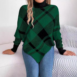 Autumn Winter Casual Contrast Plaid High-Neck Long-Sleeved Sweater Christmas Women's Clothing