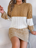 Autumn Winter Casual Color Matching Twisted Lantern Sleeve Sweater Dress Women's Clothing