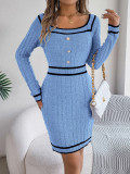 Autumn Winter Elegant Square Collar Button Long-Sleeved Sweater Bodycon Dress Women's Clothing
