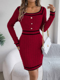 Autumn Winter Elegant Square Collar Button Long-Sleeved Sweater Bodycon Dress Women's Clothing